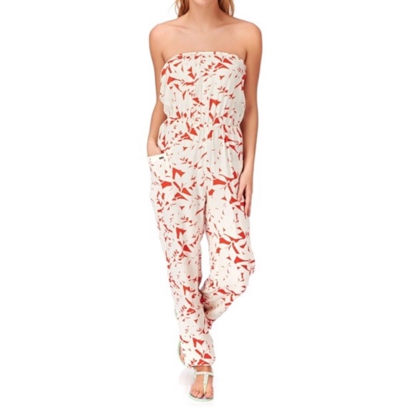 Roxy Pants - Roxy / Orange & White Printed Strapless Jumpsuit